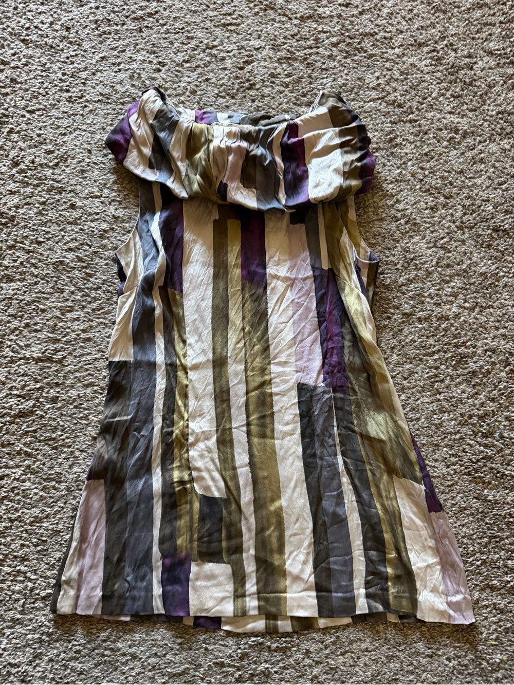 Vertigo Paris Silk Purple Green Vintage Stripe Cowl Neck Sleeveless Top